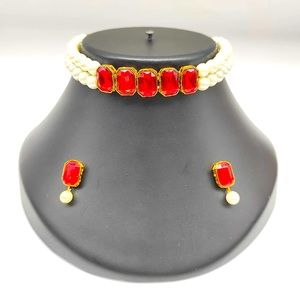 Two layer pearl and Austrian stone choker necklace with studs